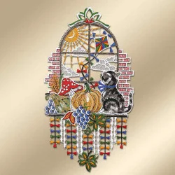 Spitzenbild Herbstfenster mit Katze vor goldenem Hintergrund