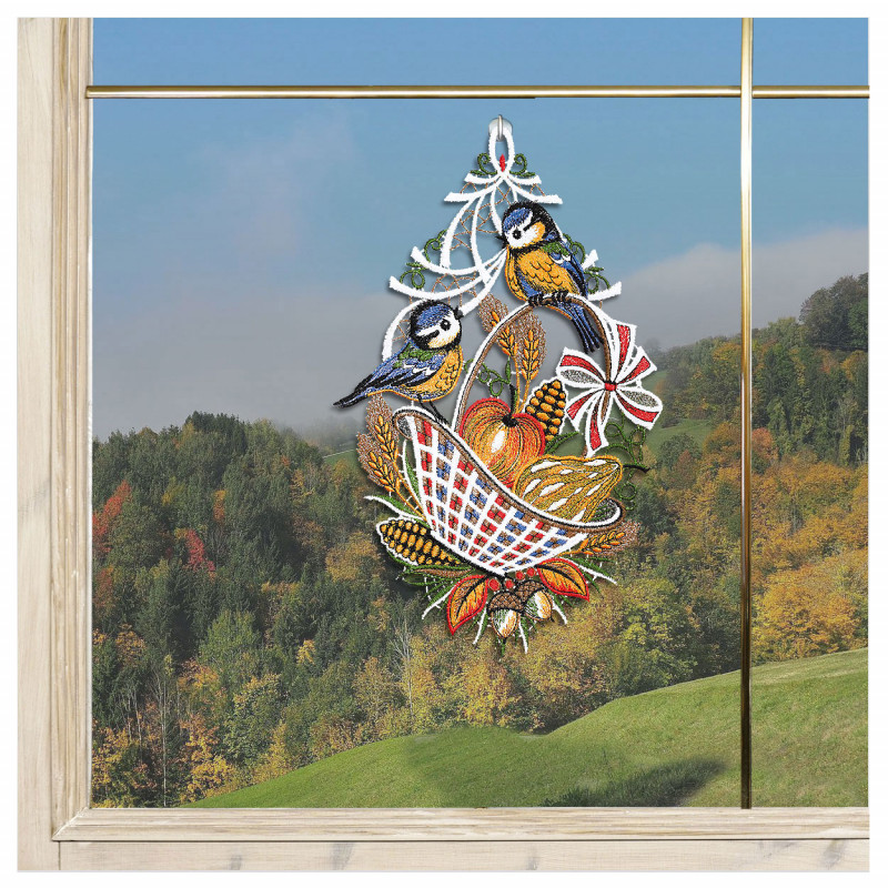 Fensterbild Herbstkorb mit Blaumeisen Dekobeispiel