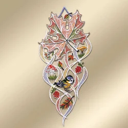 Spitzenbild Herbst-Ahorn mit Vögelchen auf goldenem Hintergrund