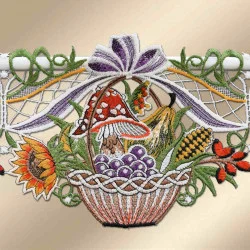 Feenhaus-Spitzengardine Herbst-Körbchen Detailansicht mit Schleife Fliegenpilz und Sonnenblume