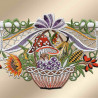 Feenhaus-Spitzengardine Herbst-Körbchen Detailansicht mit Schleife Fliegenpilz und Sonnenblume