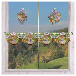 Scheibengardine Herbst-Körbchen Plauener Spitze gestickte Feenhaus-Spitzengardine Landhaus-Stil Erntekorb mit Pilz Obst Sonnenblume Beeren 15cm hoch