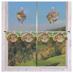 Scheibengardine Herbst-Körbchen Plauener Spitze gestickte Feenhaus-Spitzengardine Landhaus-Stil Pilze Obst Sonnenblume 15cm hoch