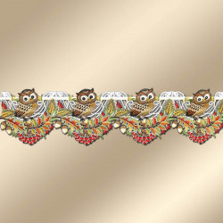 Feenhaus-Spitzengardine Herbst-Eule 17 cm hoch Plauener Spitze vor goldenem Hintergrund