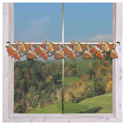 Feenhaus-Spitzengardine Herbst-Laub 14 cm hoch aus Echter Plauener Spitze an einem Fenster