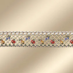 Feenhaus-Spitzengardine Früchte-Trio Sommerobst Plauener Spitze vor goldenem Hintergrund