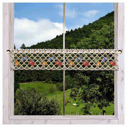 Feenhaus-Spitzengardine Früchte-Trio Sommerobst 15 cm hoch aus Echter Plauener Spitze an einem Sommerfenster