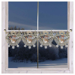 Winter-Feenhausgardine  Winterfreunde Scheibenhänger Plauener Spitze 22 cm hoch am Fenster