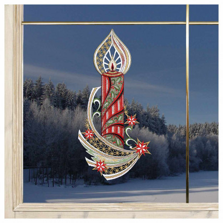 Weihnachts-Fensterbild Kerze mit Sternenschweif Plauener Spitze 35x17 cm an einem Winterfenster