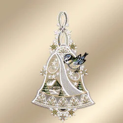 Winter-Fensterbild Glocke mit Vögelchen Plauener Spitze 34 x 20 cm