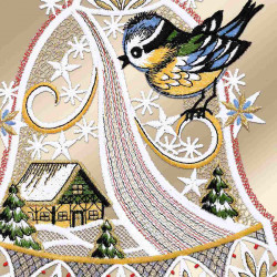 Winter-Fensterbild Glocke mit Vögelchen Plauener Spitze bunt 34 x 20 cm Detailansicht