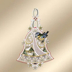 Winter-Fensterbild Glocke mit Vögelchen Plauener Spitze bunt 34 x 20 cm