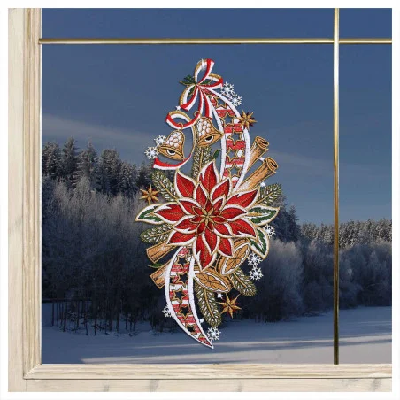 Fensterbild Weihnachtsstern mit Glöckchen Plauener Spitze am Fenster