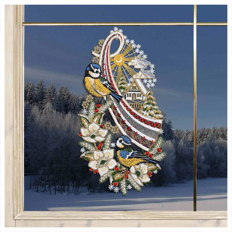 Fensterbild Blaumeisen auf Christrosenzweig Plauener Spitze am Fenster