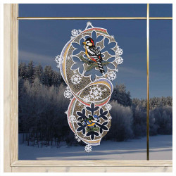 Fensterbild Schneeflocken mit Specht und Blaumeise Dekobeispiel