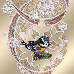 Spitzenbild Schneeflocken mit Specht und Blaumeise Details