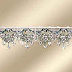 Dekorative Spitzenborte in einem Frühlingsmotiv mit kleinen Vögeln zwischen rosa und weißen Blumen mit komplizierten floralen Mustern und baumelnden Spitzendetails, gefertigt im klassischen Plauener Spitze-Stil, vor einem zartbeigen Hintergrund.