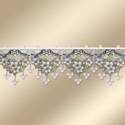 Dekorative Spitzenborte in einem Frühlingsmotiv mit kleinen Vögeln zwischen rosa und weißen Blumen mit komplizierten floralen Mustern und baumelnden Spitzendetails, gefertigt im klassischen Plauener Spitze-Stil, vor einem zartbeigen Hintergrund.