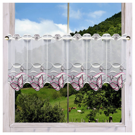 Kurzgardine Schmetterling rosa am Fenster dekoriert Kurzgardine Schmetterling rosa am Fenster dekoriert