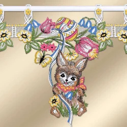 Scheibengardine Osterwiese mit Hase aus Plauener Stickerei Detailbild