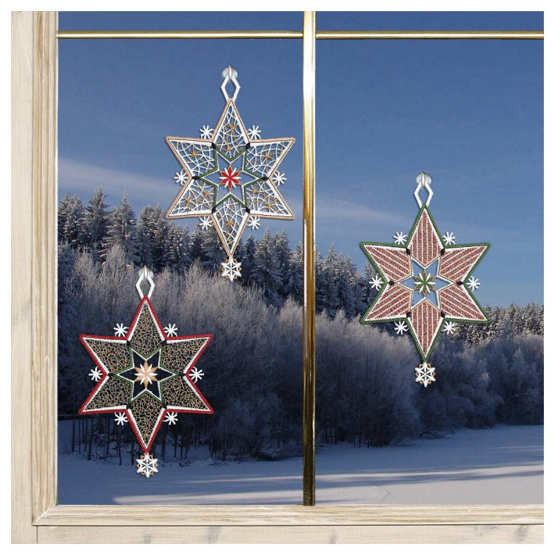3er Set Fensterbilder  Sternenglanz Plauener Spitze am Fenster