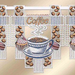Scheibengardine Kaffeepause aus Plauener Stickerei Detailansicht