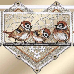 Scheibengardine Spatzenkonzert aus Plauener Stickerei Detailansicht