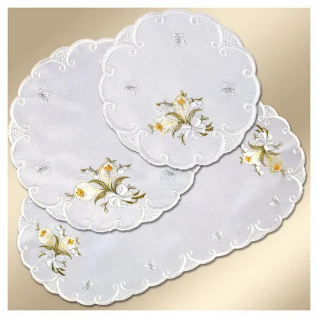 Bestickte Deckchen Frühlingsgruß Echte Plauener Spitze Set rund und oval