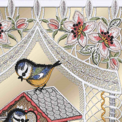 Scheibengardine Vogelparadies aus Plauener Stickerei Detailansicht