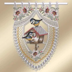 Gestickter Mini-Fächengardine Vogelparadies mit Blaumeisen