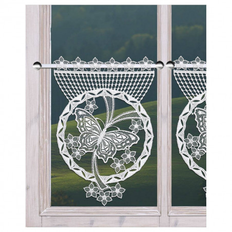 Kleinfenstergardine Blumenfalter als Scheibenhänger dekoriert