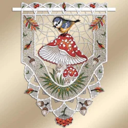 Gestickte Flächengardine Herbstwald mit Fliegenpilz auf goldenem Hintergrund