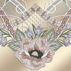 Moderne Flächengardine Anoki Detailbild der bunt gestickten Blumen auf goldenem Hintergrund