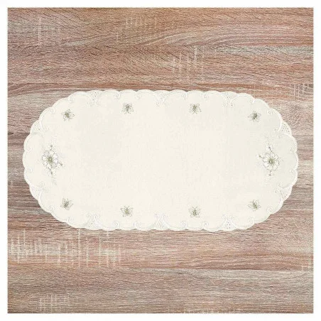 Landhaus Tischdecke Margeriten in natur 22 x 45 cm bestickt mit Blumen und auf einer Holzplatte platziert