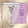 Detaillierter Spitzengardine mit aufwendigen Mustern und floralen Motiven, hervorgehoben vor beigem Hintergrund. Der deutsche Text gibt die Maße an: ca. 35 cm hoch und 23 cm breit, was einem DIN A4-Blatt entspricht.