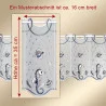 Ein dekorativer Spitzenvorhang mit Seepferdchen- und Fischmuster. Ein hervorgehobener Abschnitt zeigt einen Musterrapport von ca. 16 cm Breite und 35 cm Höhe. Rote Pfeile zeigen die Maße an. Ein deutscher Text erklärt die Maße.