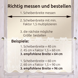 Anleitungsgrafik zum richtigen Messen und Bestellen: Scheibenbreite messen, mit 1,5 multiplizieren und die nächstgrößere Größe wählen. Berechnungsbeispiele für 40 cm und 60 cm Scheibenbreite sind vorhanden.