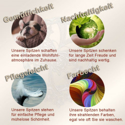 Vier Bilder, jeweils mit einem Titel: Ein Hund auf einem Sofa (Gemütlichkeit), Hände halten eine grüne Erdkugel (Nachhaltigkeit), eine weiße Feder (Pflegeleicht), bunte Farbwelle (Farbe echt); kurze Infos zu Gardinen.