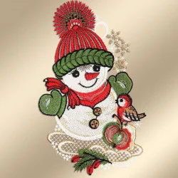 Spitzenbild Schneemann vor goldenem Hintergrund