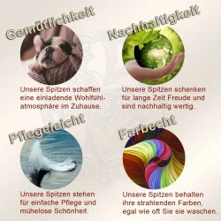 Vier Bilder, jeweils mit einem Titel: Ein Hund auf einem Sofa (Gemütlichkeit), Hände halten eine grüne Erdkugel (Nachhaltigkeit), eine weiße Feder (Pflegeleicht), bunte Farbwelle (Farbe echt); kurze Infos zu Gardinen.