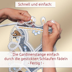 Zwei Hände fädeln eine weiße Gardinenstange durch die gestickten Schlaufen einer dekorativen Spitzengardine mit Fischmotiv. Die Scheibengardine Fische in vogtländischer Spitze sorgt für maritimen Charme, während ein deutscher Text das einfache Einfädeln erklärt.