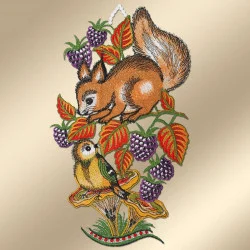 Spitzenbild Eichhörnchen und Vögelchen vor einem Hintergrund