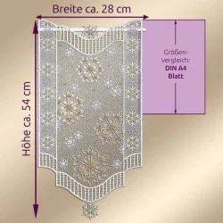 Dekorativer Spitzenvorhang mit Schneeflockenmuster, ca. 28 cm breit und 54 cm hoch, zum Größenvergleich neben einem lila Rechteck mit der Aufschrift "DIN A4 Blatt" abgebildet.