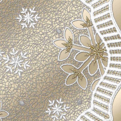Aufwändiges beige-weißes Spitzenmuster mit zarten Schneeflocken und floralen Mustern, mit goldenen Akzenten und Wellenkanten, vor einem zartbeigen Hintergrund.