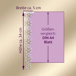 Eine dekorative Spitzen-Girlande mit Schneeflockenmuster, etwa 34 cm hoch und 5 cm breit, ist zum Größenvergleich neben einem violetten DIN-A4-Blatt abgebildet. Die Maße sind mit Pfeilen und deutschem Text angegeben.