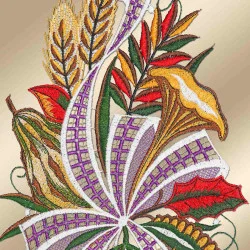 Fensterdekoration Erntedankfest mit violetter Schleife Detailbild Stickerei