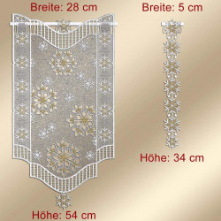Abgebildet sind zwei Spitzengardinen mit Schneeflockenmuster. Das linke Stück ist 28 cm breit und 54 cm hoch und hat einen gewellten Abschluss. Das rechte Stück ist 5 cm breit und 34 cm hoch. Beide sind auf einem beigen Hintergrund mit roten Größenangaben abgebildet.