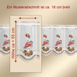 Weißer Spitzenvorhang mit aufgestickten roten Pilzen und grünen Blättern, mit Wellenkanten und Messleisten, die eine Höhe von ca. 55 cm und eine Musterbreite von ca. 16 cm angeben. Der deutsche Text wird oben angezeigt.