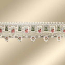 Weihnachts-Feenhausspitze Weichnachtsambiente Echte Plauener Spitze 30 cm hoch vor goldenem Hintergrund