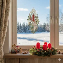 Eine verschneite Landschaft, gesehen durch ein Fenster, das mit einer Plauener Spitze Fensterbild Kerze geschmückt ist. Auf der Fensterbank stehen vier brennende rote Kerzen in einem festlichen Advents-Motivkranz, Tannenzapfen und kleine Engelsfiguren.
